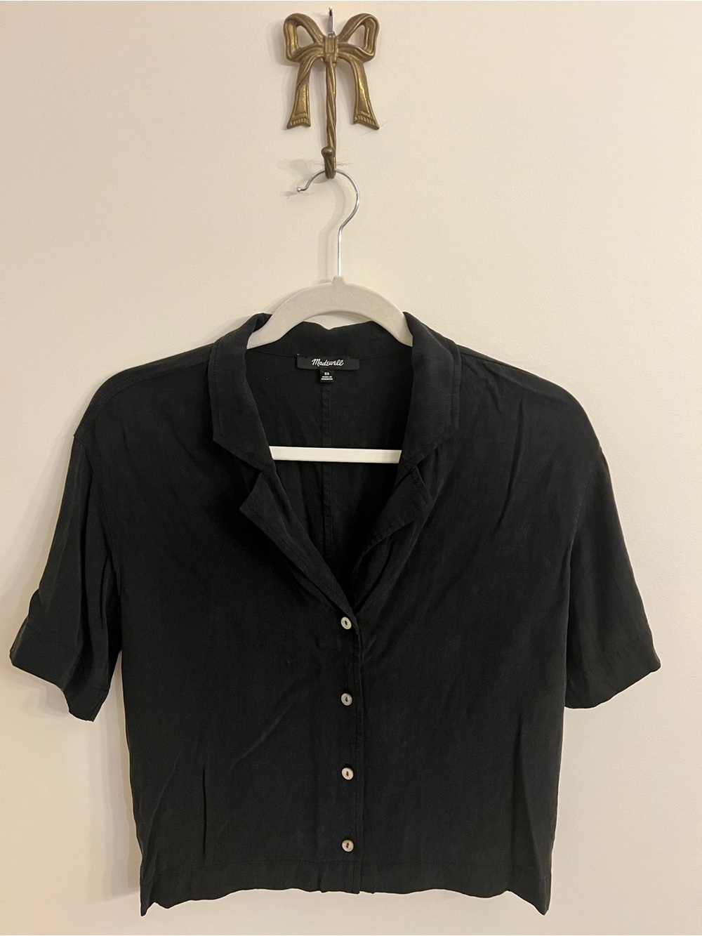 Madewell Black Cropped Button Front Top XS Short Sleeve Notched Collar
